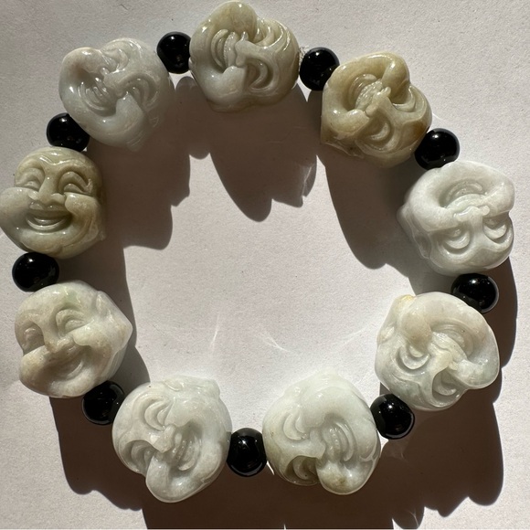 Certified Natural Grade A Myanmar Jade Green Jade Smiling Buddha Men's Bracelet - Picture 14 of 14